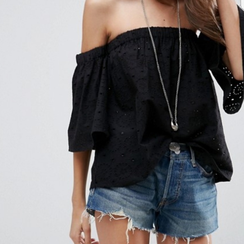 ASOS Black Off Shoulder Top With Fluted Sleeves
